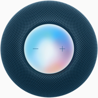 蓝色 HomePod mini 俯视图，显示加/减音量控制以及下方的多彩显示屏。