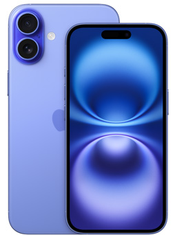 群青色 iPhone 16 的正面视图，以及 iPhone 16 Plus 背面的局部视图，展示摄像头。