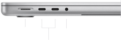 呈闭合状态的 14 英寸 MacBook Pro (M4 Pro 或 M4 Max 芯片机型) 的左侧视图,展示 MagSafe 3 端口、两个雷雳 5 端口以及一个耳机插孔。