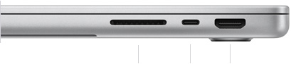 呈闭合状态的 14 英寸 MacBook Pro (M4 Pro 或 M4 Max 芯片机型) 的右侧视图,展示 SDXC 卡插槽、一个雷雳 5 端口以及 HDMI 端口。