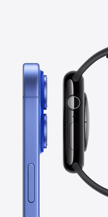 iPhone 16 和 Apple Watch Series 10 并排放置的侧面视图。