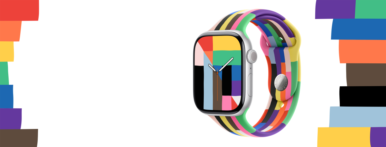 一个 Apple Watch Series 10，具有银色铝金属表壳、数码表冠和彩虹和谐表盘。表盘上有指示时间的指针，还有彩虹般多彩缤纷的长方形和三角形等图案拼成的数字 10，用来表示钟点。与表壳相连的是彩虹版运动型表带，表带由六行彩虹般多彩缤纷的条纹拼成，条纹拼接处微微呈现不规则的边缘。此外，整个画面的两侧也搭配有彩虹色的条纹图案。