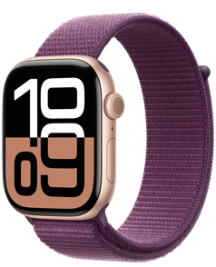 Apple Watch Series 10 的表款，玫瑰金色铝金属表壳搭配梅子色回环式运动表带。