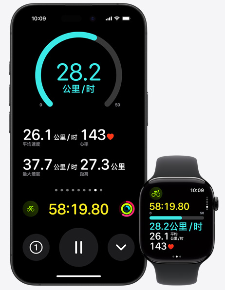 iPhone 摆放在 Apple Watch 旁边，两个设备均显示单车训练的各项指标。