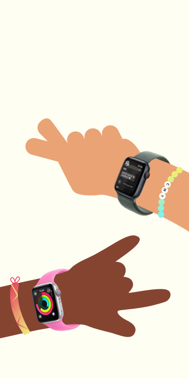 插画展示两个小孩的手腕，手上各佩戴一只 Apple Watch SE。