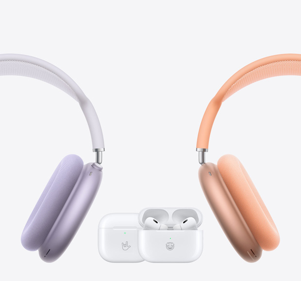 图片左右两侧各一副 AirPods Max，中间为 AirPods 4 和 AirPods Pro 2。